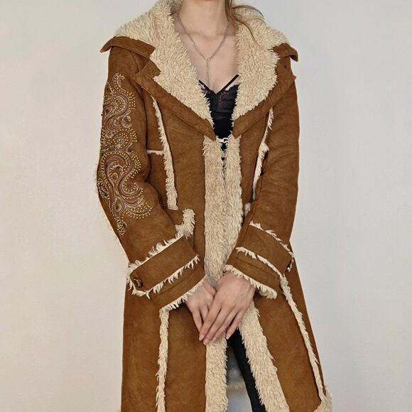 Wilson’s Leather Jackets & Blazers - Y2K 90s Wilson’s Penny Lane Afghan Coat Beaded Sleeve Design Boho Fairycore